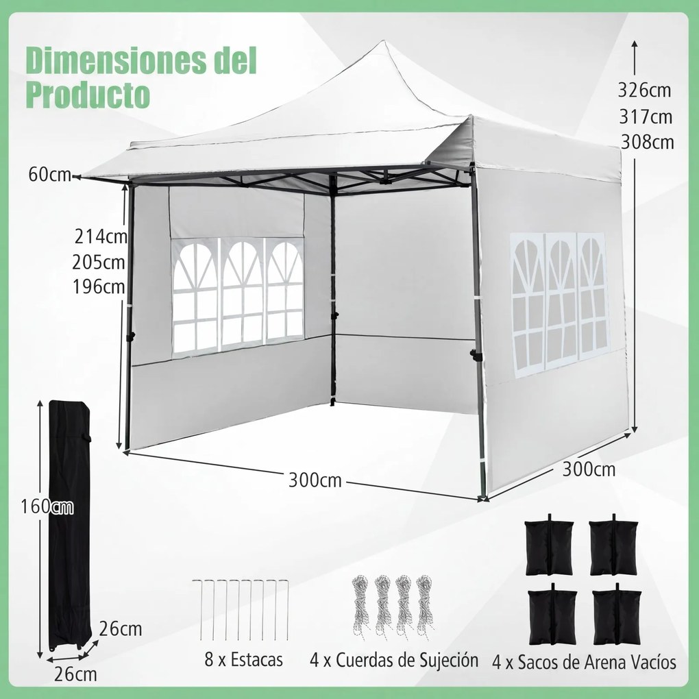 Tenda dobrável de 3x3 m com 3 paredes laterais, altura ajustável, 4 sacos de areia, cordas, estacas e saco com rodas para festas e acampamento, branca