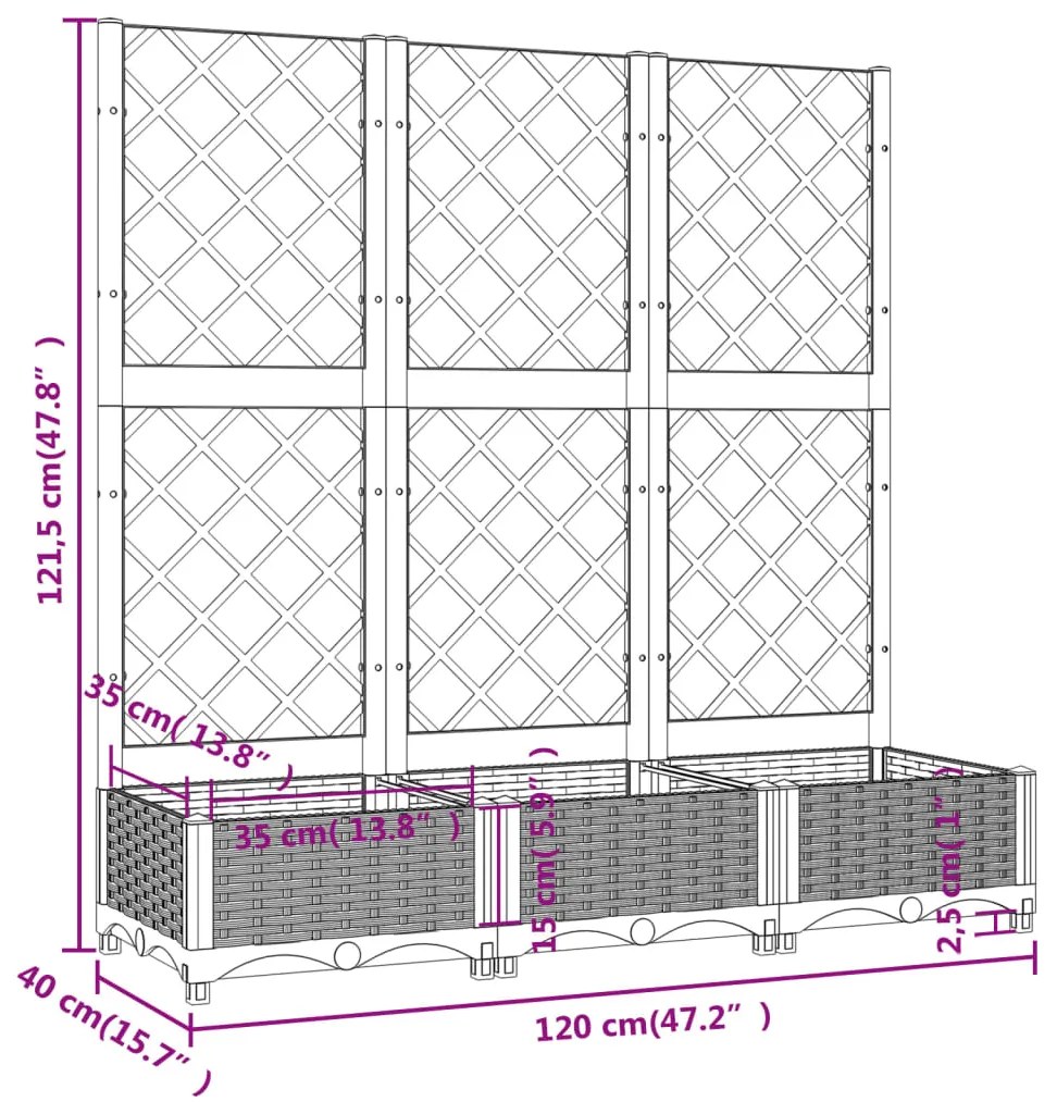 Vaso/floreira jardim c/ treliça 120x40x121,5 cm PP preto