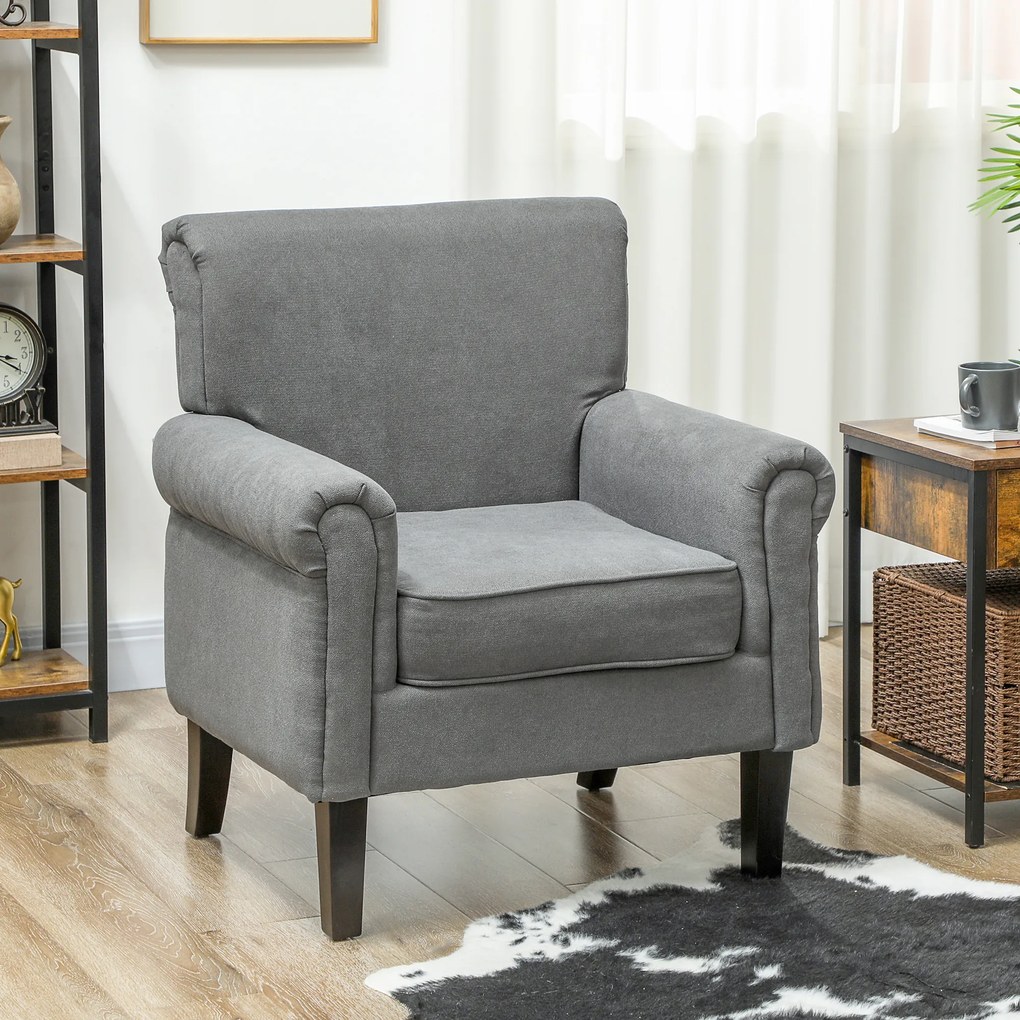 Poltrona Estofada em Tecido Poltrona Relax com Apoio para os Braços Assento Amovível e Lavável Pés de Madeira 79x78x87 cm Cinza Escuro