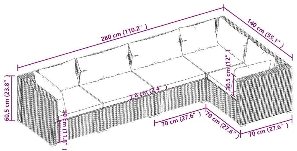 5 pcs conjunto lounge de jardim c/ almofadões vime PE cinzento