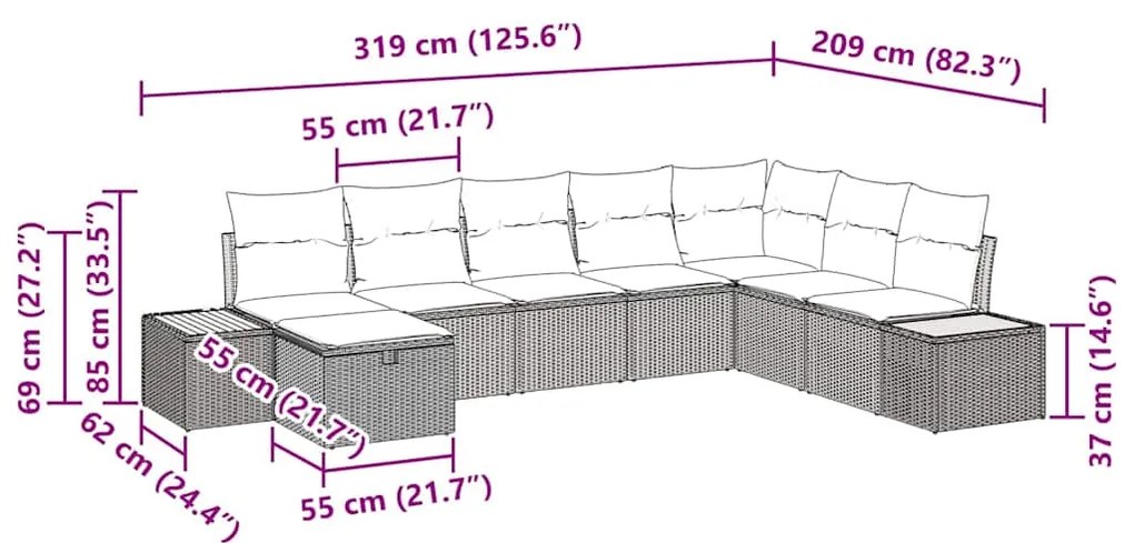 Conjunto de Sofá de Jardim 8 Peças com Almofadas Bege em Rattan Sintét