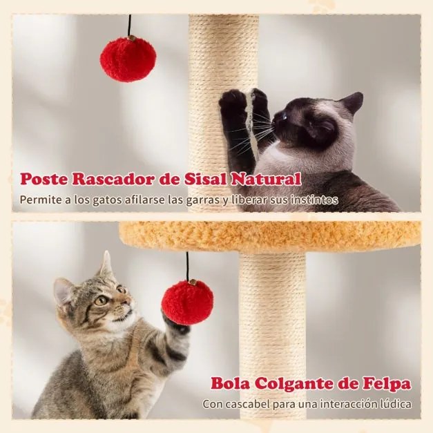 Arranhador de Natal para gatos com cama 80 cm com arranhador de sisal Bola pendente Almofada lavável Centro vermelho