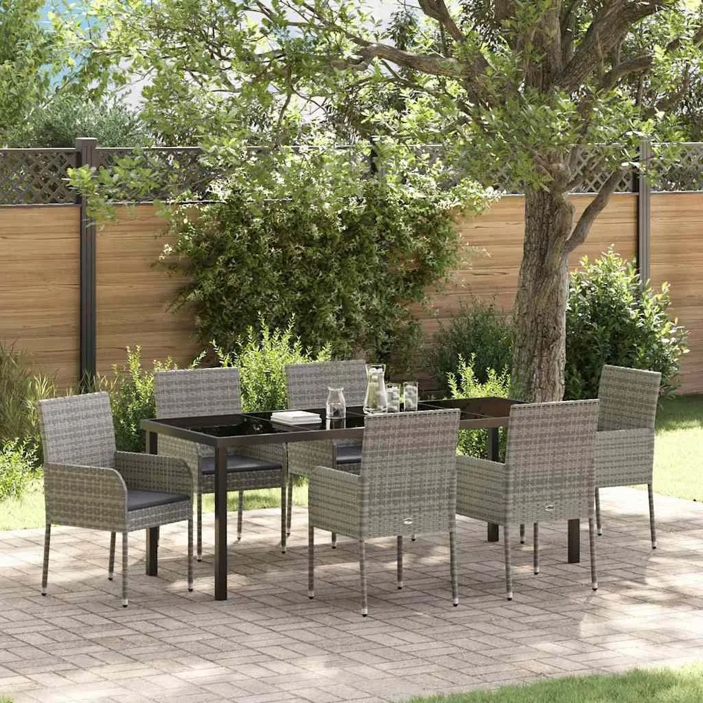 vidaXL Conjunto de Jantar para Jardim com Almofadas 7 Peças em Rattan e Poliéster Cinza