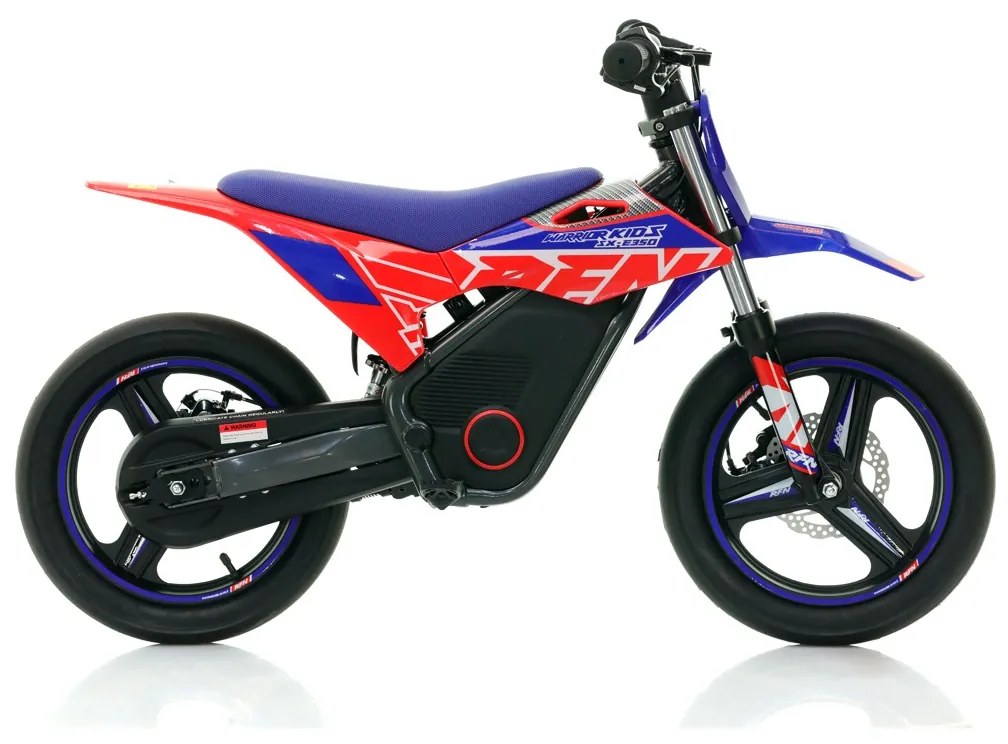 Mini moto elétrica para crianças velocidade até 30Km/h C/Limitador RFN SX-E350 WARRIOR 350W Supermotard 14/14” Azul e Vermelho
