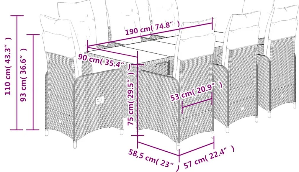 9 pcs conjunto bistrô de jardim c/ almofadões vime PE castanho