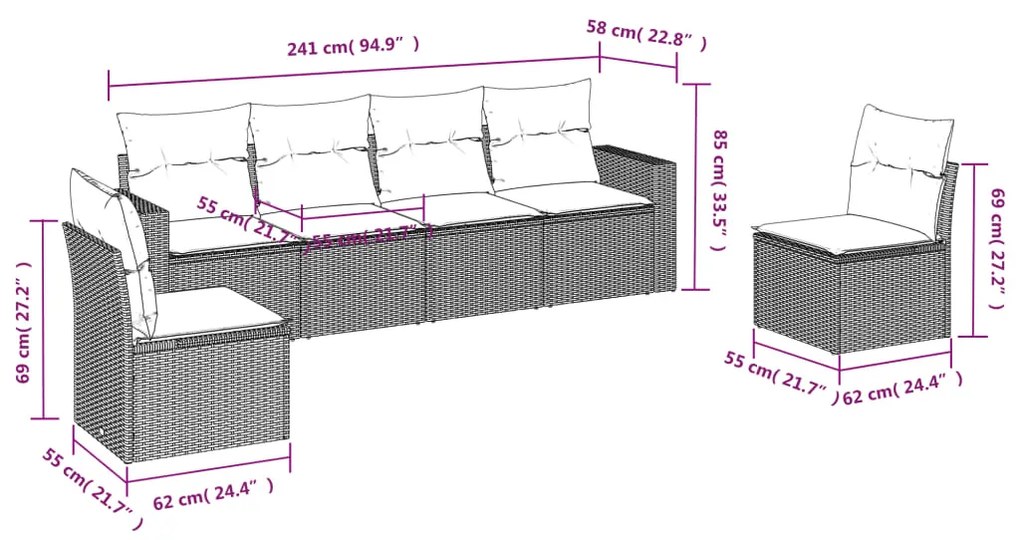 6 pcs conj. sofás jardim com almofadões vime PE cinzento-claro