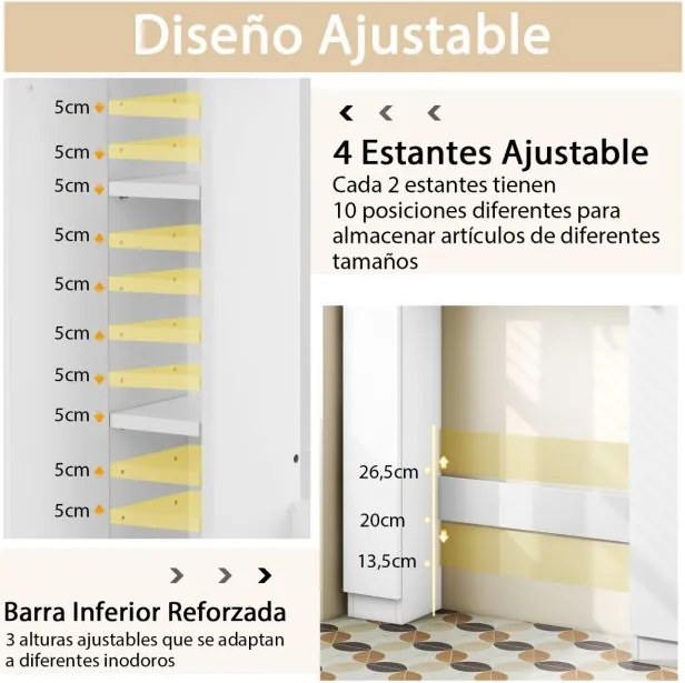 Estante para sanita Organizador de casa de banho com 2 portas e 2 compartimentos abertos 87,5 x 18 x 98 cm Branco