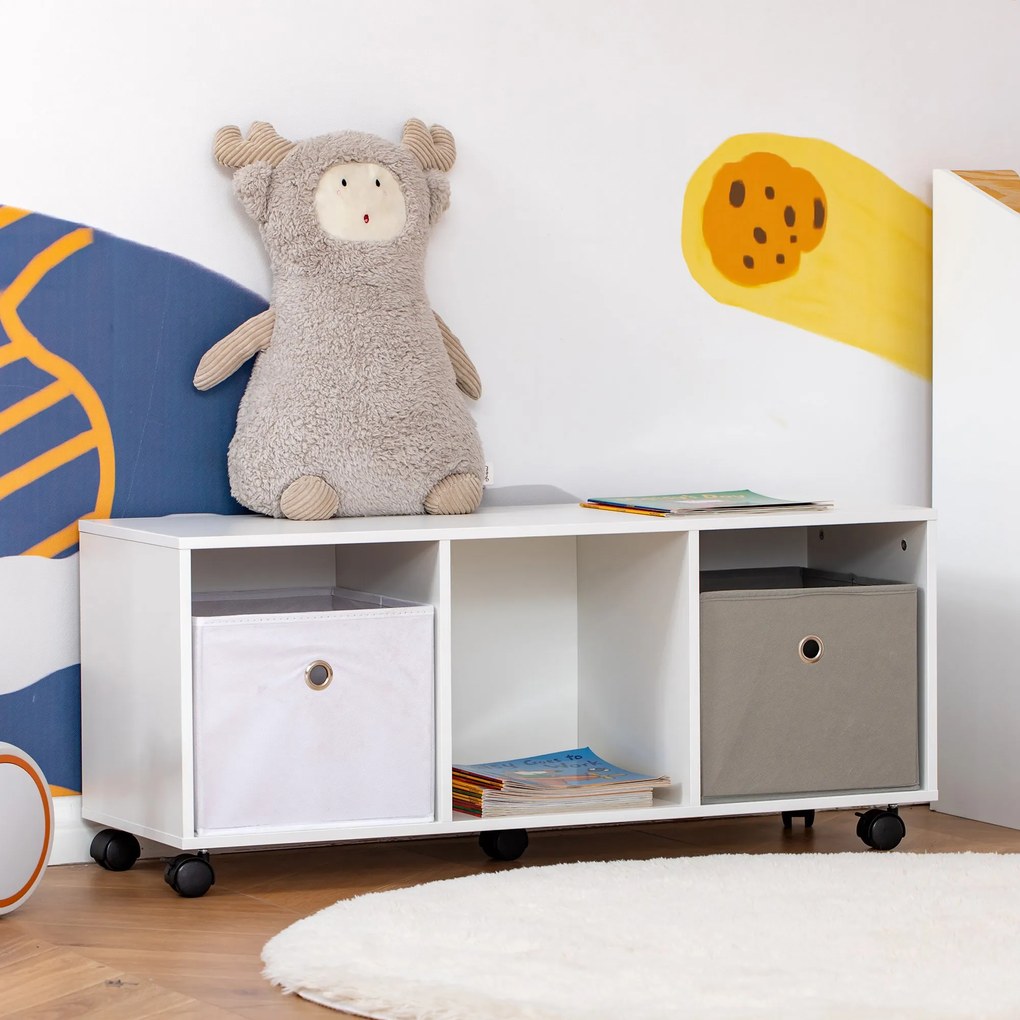 Móvel para Brinquedos com 5 Rodas Organizador de Brinquedos de Madeira com 3 Cubos de Armazenamento e 2 Gavetas de Tecido Removíveis Móvel Infantil 90