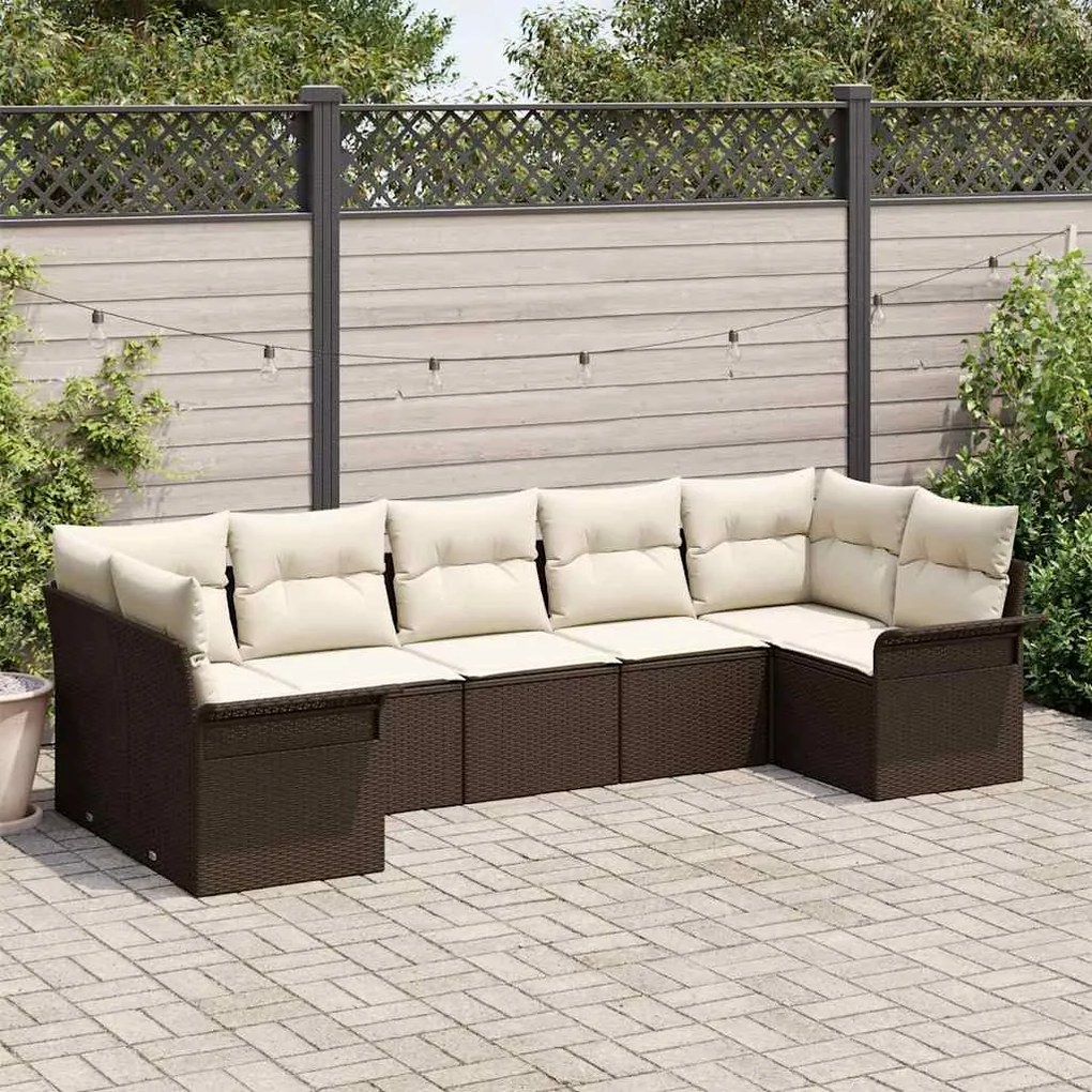 Conjunto de Sofá de Jardim 7 Peças com Almofadas Marrom em Rattan de P