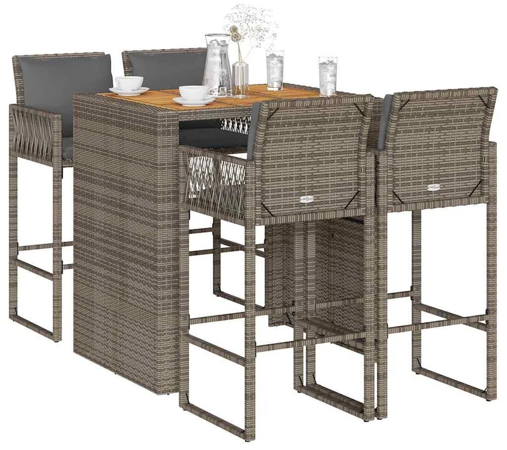 vidaXL 5 pcs conj. de bar jardim c/ almofadões vime PE/acácia cinzento