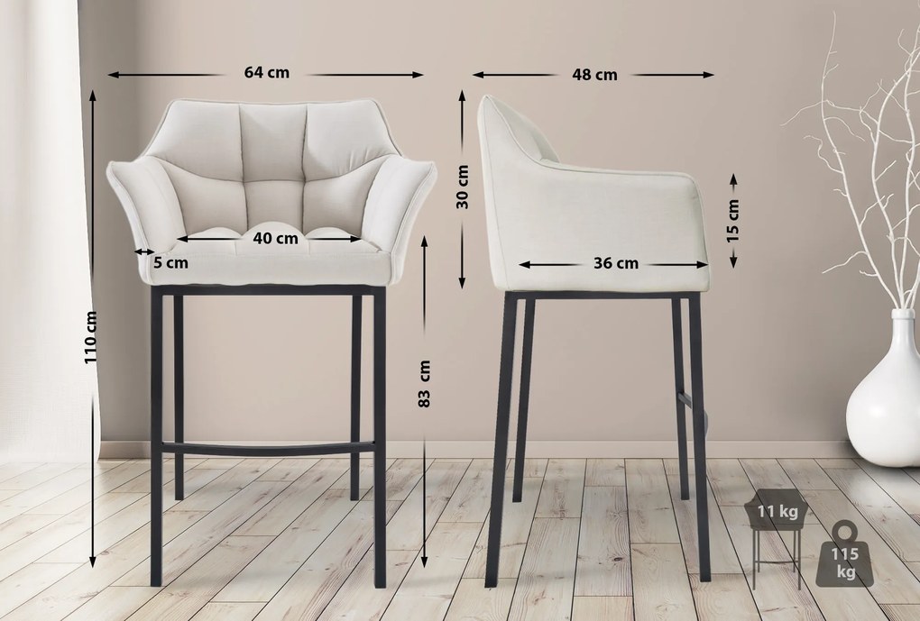 Banco de bar Damaso em tecido e com estrutura preta 64 x 110 x 48 cm Branco