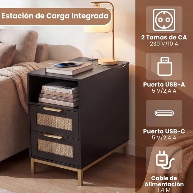 Conjunto de 2 mesas de cabeceira em rattan 60 x 35 x 61 cm com estação de carregamento e 2 gavetas estilo boho com armazenamento aberto preto e dourad