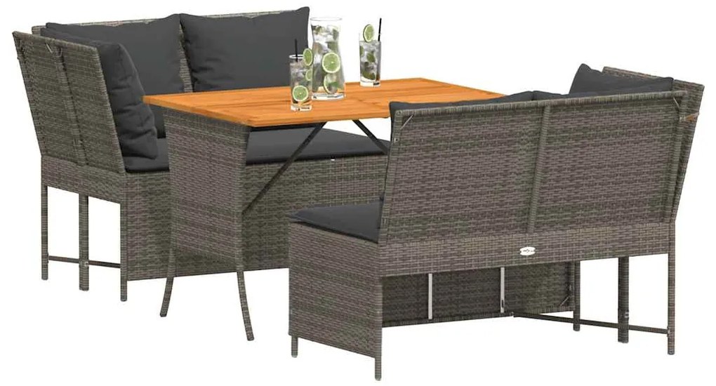 3 pcs conjunto sofás de jardim c/ almofadões vime PE cinzento