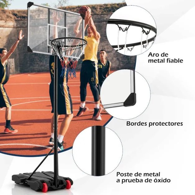 Cesto de basquetebol portátil Sistema de altura ajustável para crianças e adultos com tabela inquebrável Base insuflável Base almofadada Rodas de tran