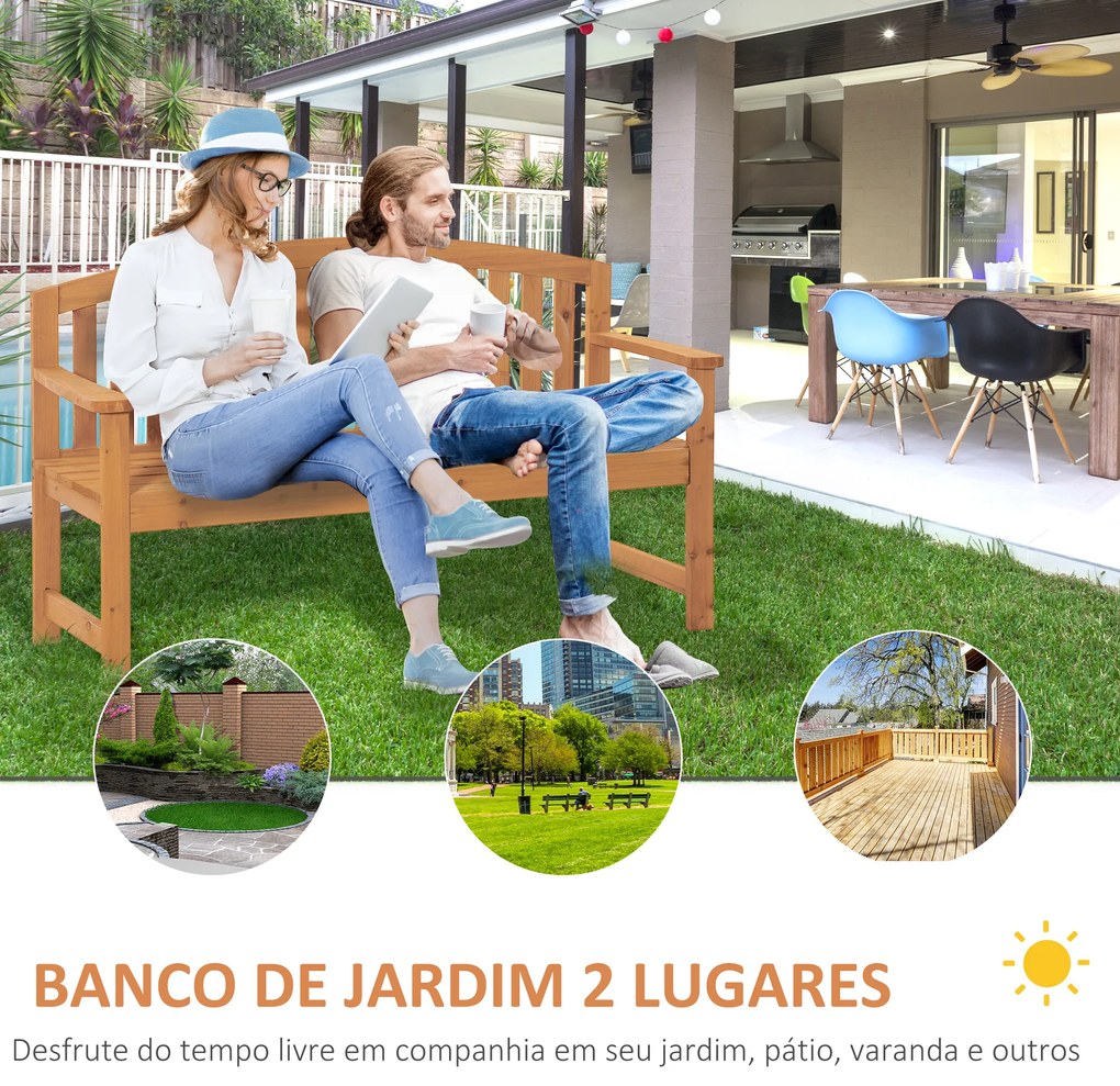 Outsunny Banco de Jardim de 3 Lugares Banco de Ripas de Madeira com Encosto Apoio para os Braços Terraço Varanda Exterior Carga 320kg 140x50x85cm Natural