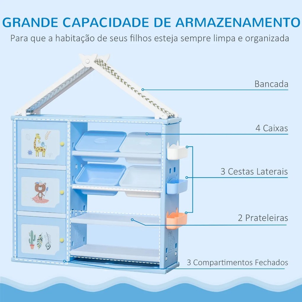 Estante Infantil de Brinquedos com Armário Prateleiras 4 Caixas e 3 Cestas Organizadoras de Armazenamento para Habitação de Crianças Sala de Jogos 128