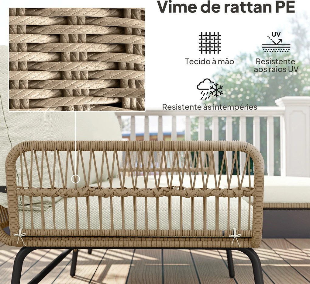 Conjunto de Móveis de Jardim Exterior em Ratã com Sofá de 2 Lugares Chaise Longue Almofadas e Mesa Creme