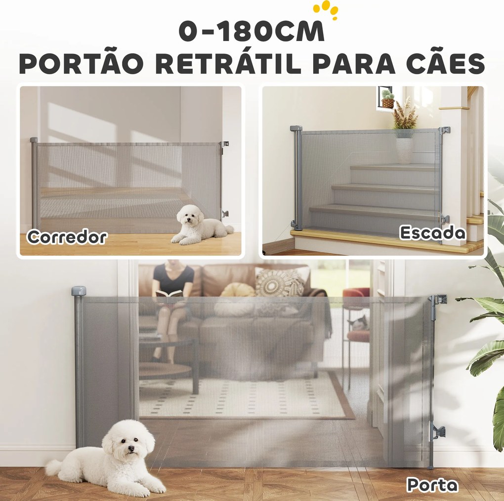 Barreira de Segurança para Cães Retrátil Extensível até 180 cm de Largura para Escadas e Portas Cinzento
