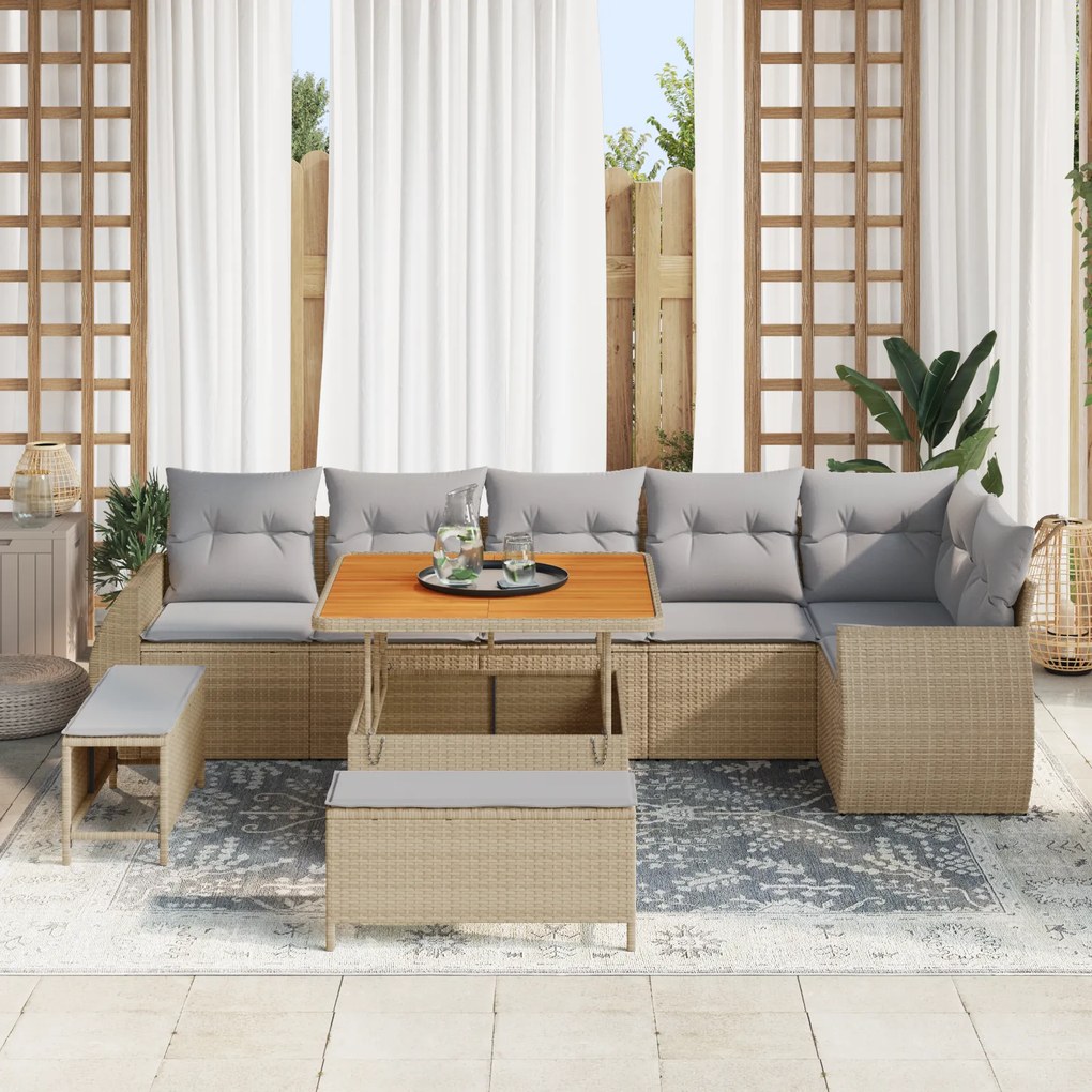 Conjunto de Sofá de Jardim vidaXL 9 Peças com Almofadas Bege Vime Acác