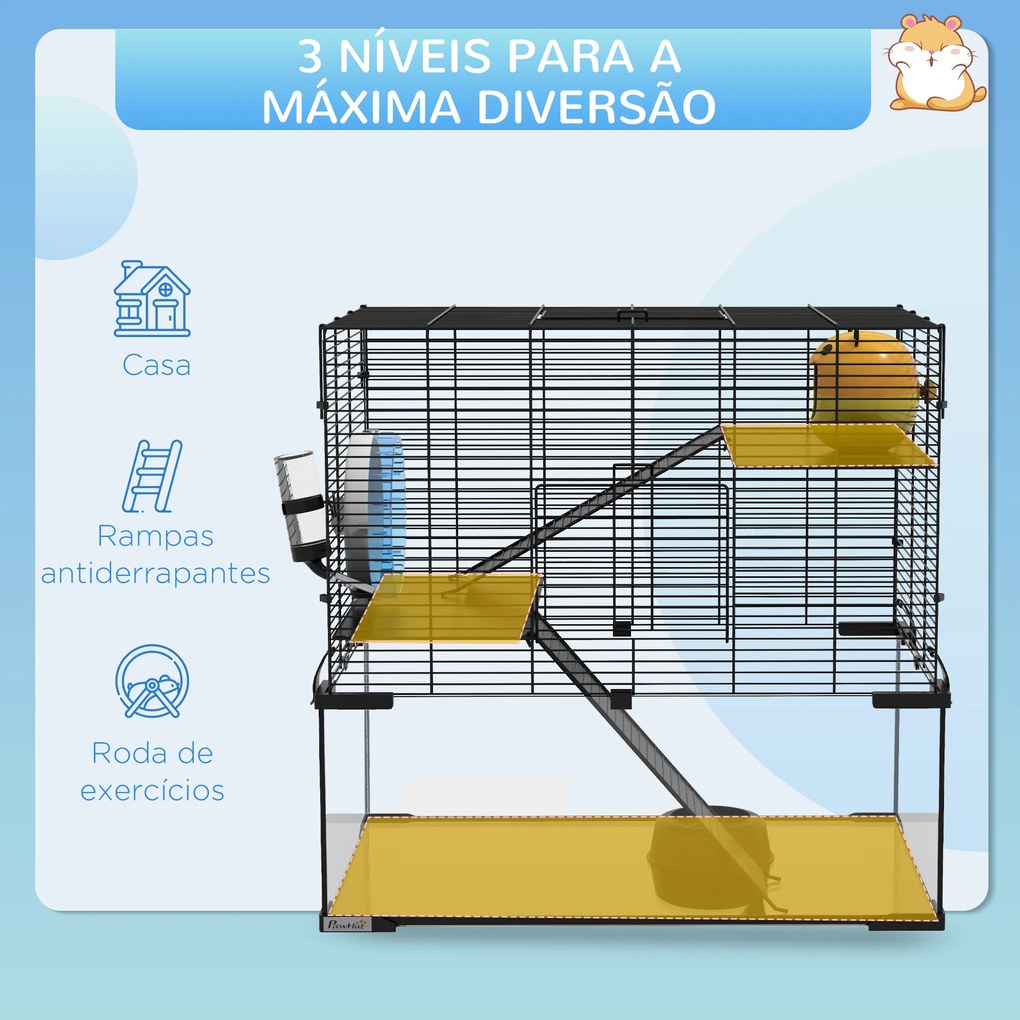 Gaiola para Hamster com Fundo de Vidro Plataformas Comedouro Bebedouro Casa Rampas e Roda de Exercício 60x40x54,5 cm Preto
