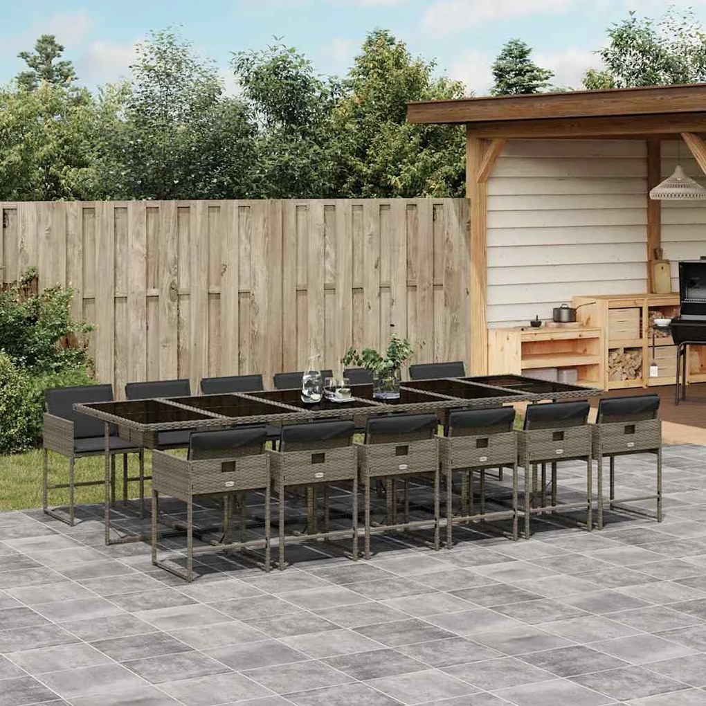 13 pcs conjunto jantar p/ jardim c/ almofadões vime PE cinzento