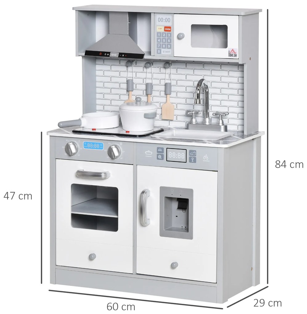 HOMCOM Cozinha Infantil de Madeira para Crianças acima de 3 Anos Cozinha de Madeira Infantil com Luz Sons Acessórios Utensílios Exaustor Lavatório e Microondas 60x29x84cm Cinza