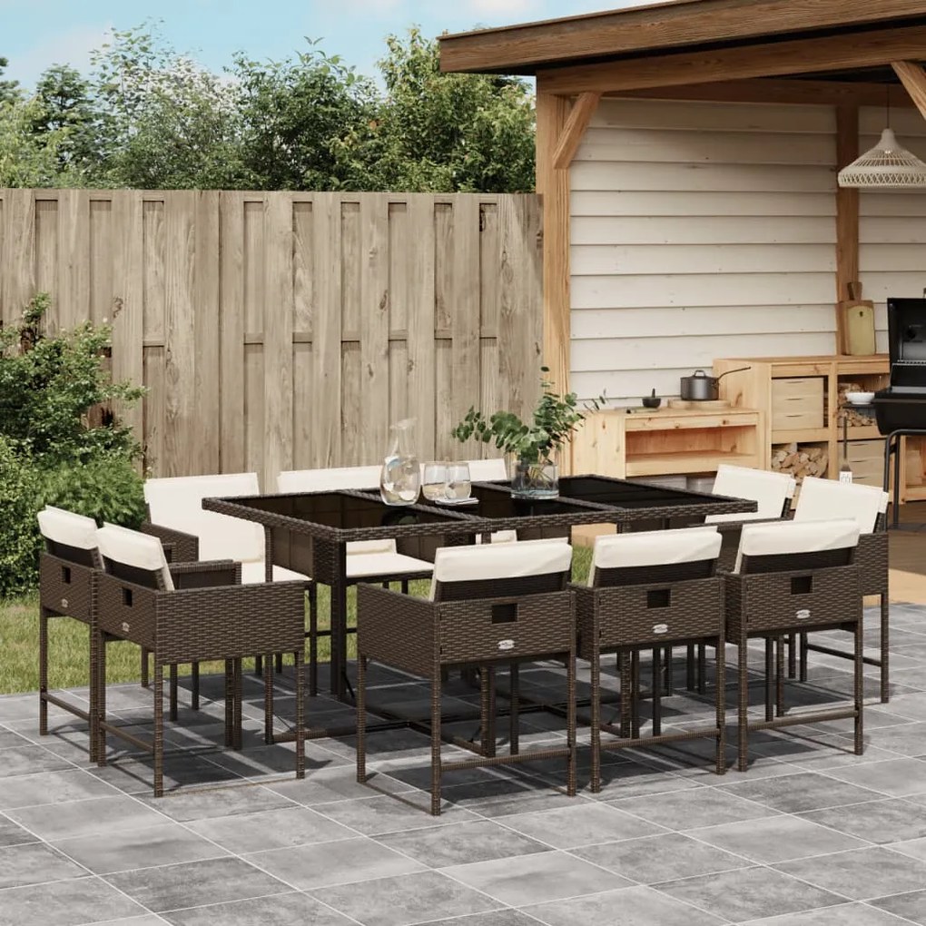 11 pcs conjunto jantar p/ jardim c/ almofadões vime PE castanho