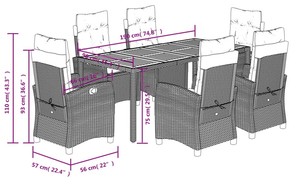 7 pcs conjunto de jantar p/ jardim c/ almofadões vime PE preto