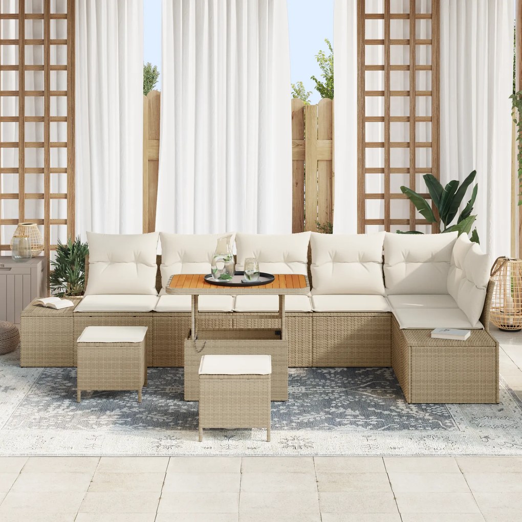 Conjunto de Sofás de Jardim vidaXL de 9 Peças com Almofadas Bege Ratta