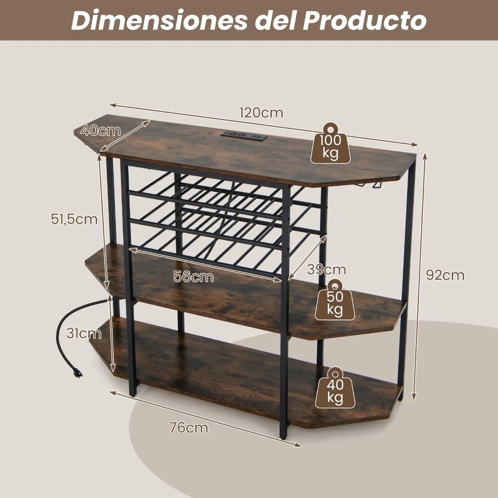 Garrafeira Armário para vinhos Estante de 3 níveis para vinhos com suportes para copos Tomadas eléctricas Estante para vinhos de bar 120 x 40 x 92 cm