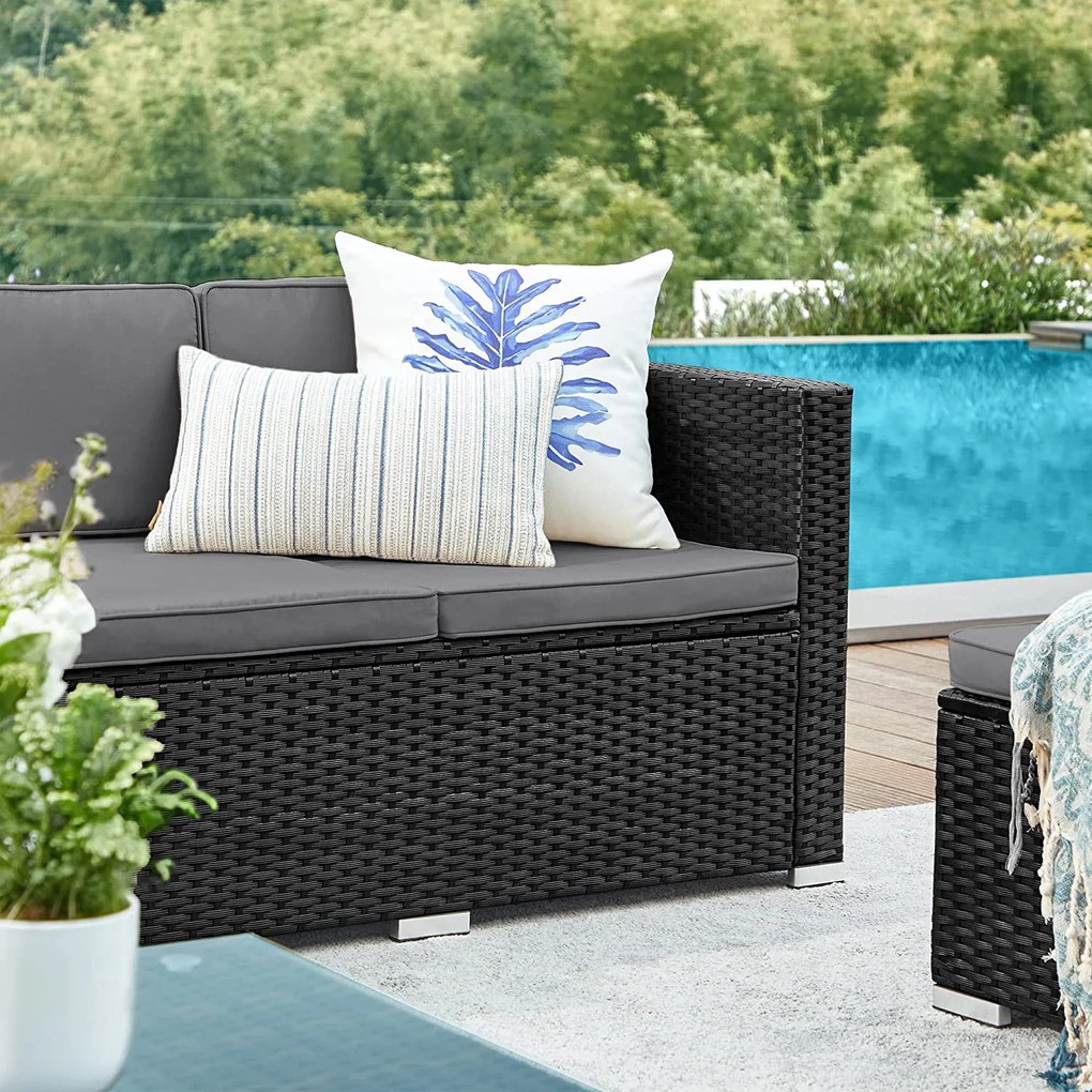 Conjunto de móveis de jardim com almofadas e mesa de vidro preto-cinzento