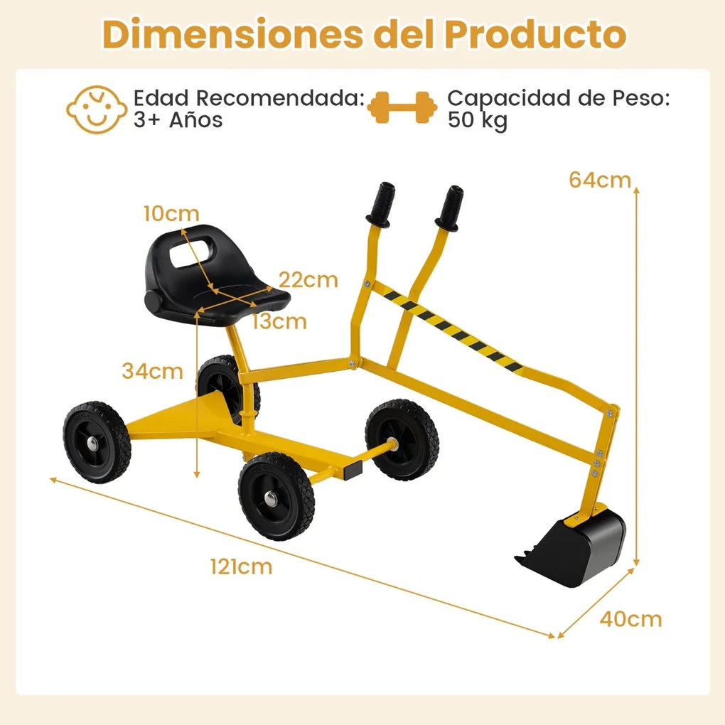 Conjunto de escavadora com controlos de duas mãos e pá flexível, assento giratório, 4 rodas, para crianças 121 x 40 x 64 cm, amarelo