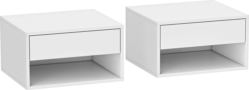 HOMCOM Conjunto de 2 mesas de cabeceira de parede, mesas de noite, gaveta, compartimento aberto, tampo, 37 x 32 x 21 cm, branco | Aosom Portugal