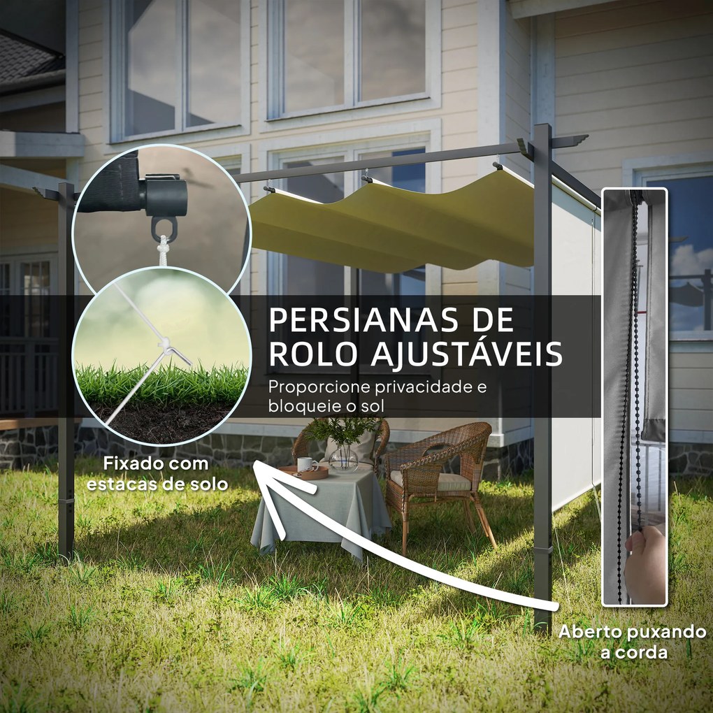 Pérgola com Teto Retrátil de 390x293x220 cm Pérgola de Parede ou Independente com Lados Enroláveis Proteção UV30+ Bege