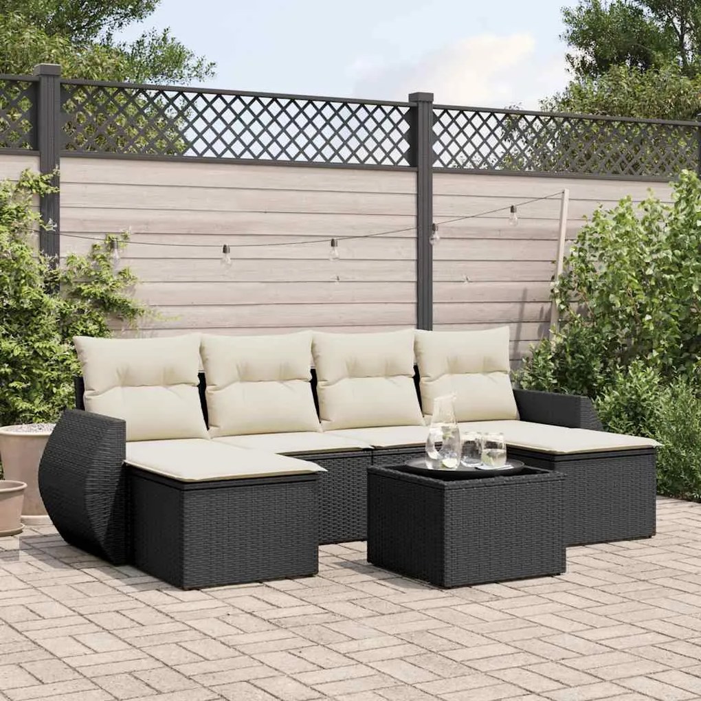 7 pcs conjunto de sofás p/ jardim c/ almofadões vime PE preto