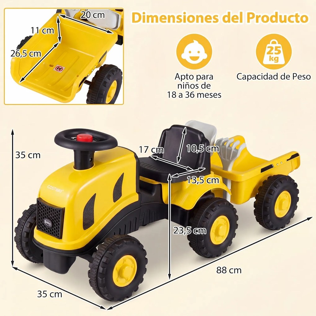 Andarilho Trator Infantil com Reboque, 88 x 35 x 35 cm, Sem Pedais, Amarelo