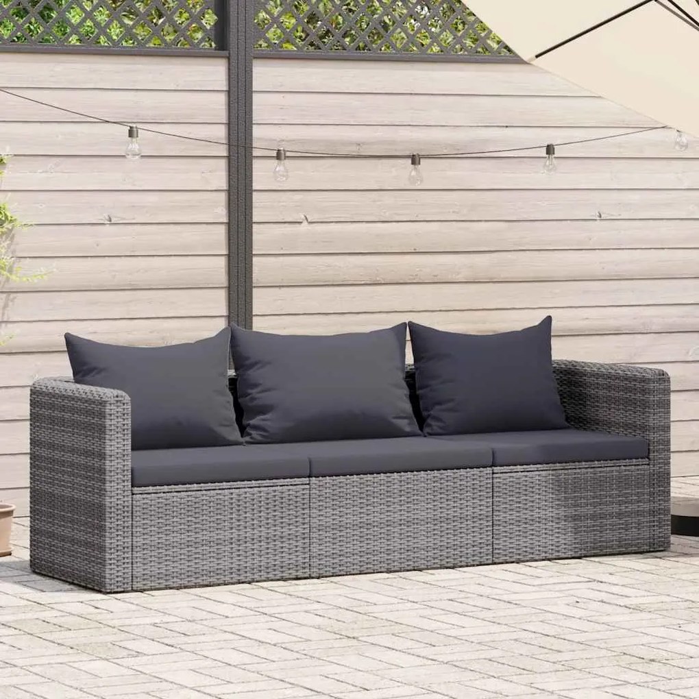 vidaXL 3 pcs conjunto sofás de jardim c/ almofadões vime PE cinzento