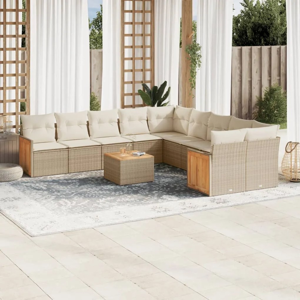 11 pcs conjunto sofás de jardim c/ almofadões vime PE bege