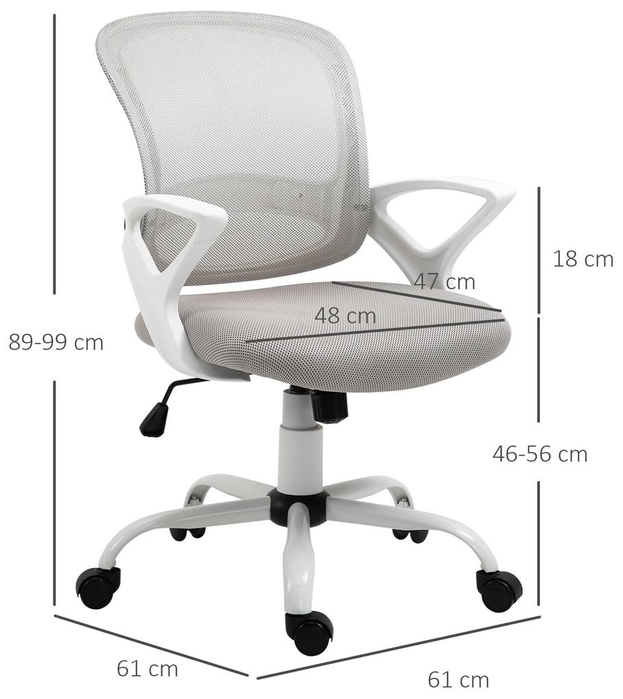 Cadeira de Oficina Ergonômica Basculante com Altura Ajustável Assento Giratório 360° Suporte Lombar e Malha Transpirável 61x61x89-99cm Cinza e Branco