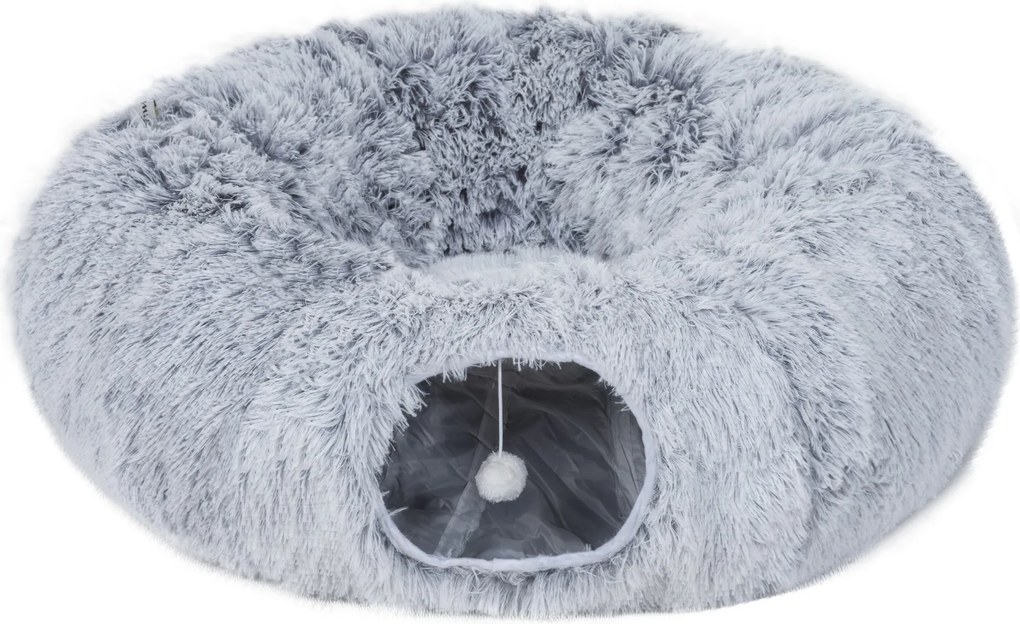 Túnel para gatos 90 x 80 x 27 cm de interior com cama para gatos em forma de donut, almofada circular lavável, cinzento claro