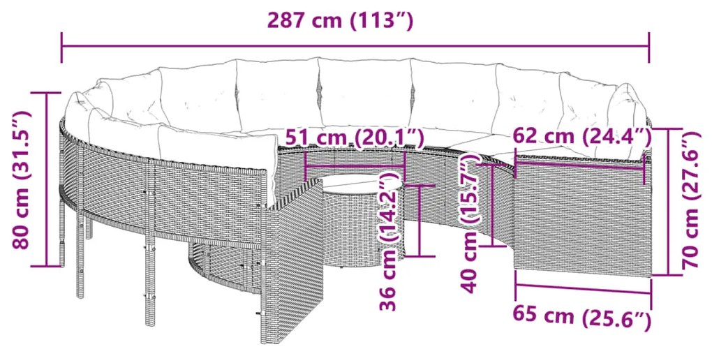 Sofá de jardim com mesa e almofadões redondo vime PE cinzento