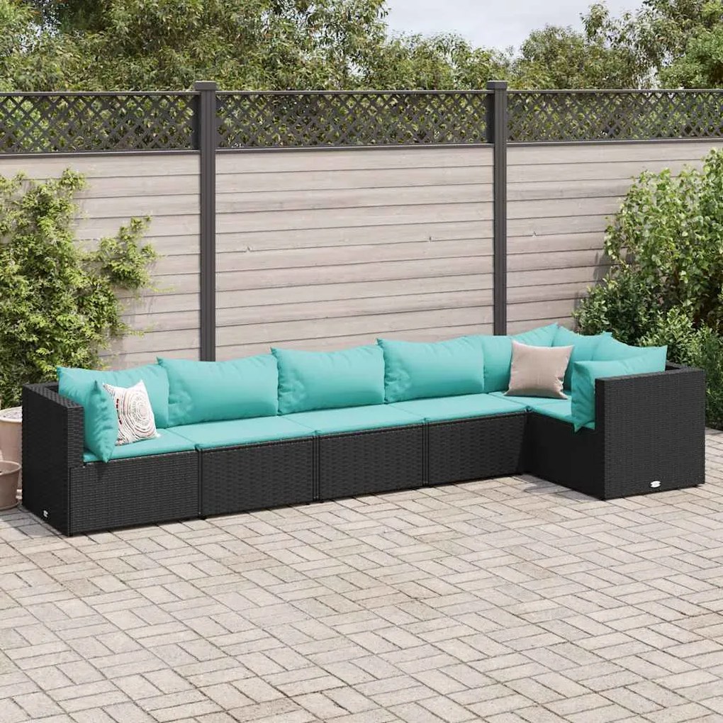 vidaXL 6 pcs conjunto lounge de jardim c/ almofadões vime PE preto