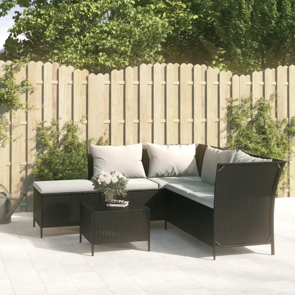 vidaXL 4 pcs conjunto lounge de jardim c/ almofadões vime PE preto