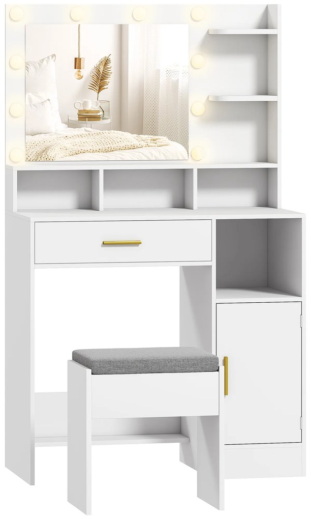 HOMCOM Toucador de Maquilhagem com Luzes LED Banco Espelho 3 Cores 10 Lâmpadas Gaveta Prateleiras e Compartimentos Branco