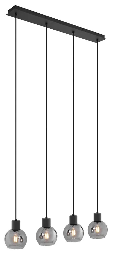 Candeeiro de suspensão Art Deco preto com vidro fumê oblongo 4 luzes - Vidro