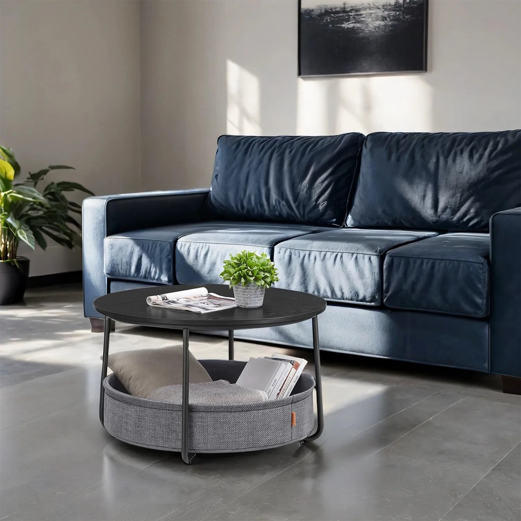 Mesa de centro 75 cm de diâmetro com cesto em tecido Preto-cinza ardósia