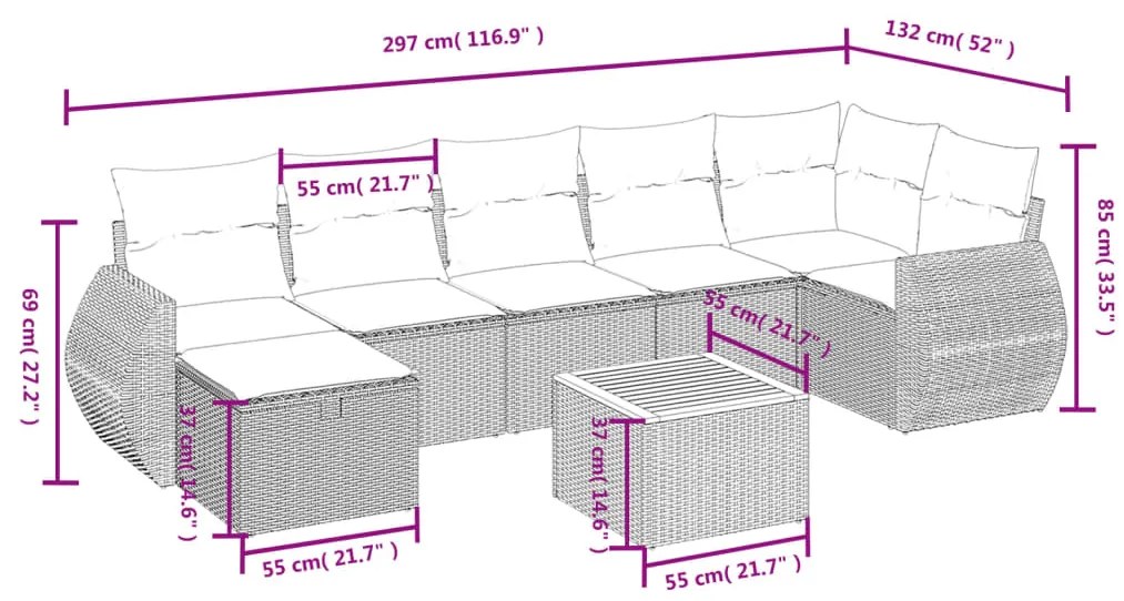 8 pcs conjunto sofás de jardim com almofadões vime PE preto