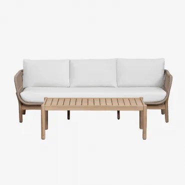 Conjunto De Jardim Com Sofá De 3 Lugares E Mesa De Centro Retangular 120x60 Cm Em Alumínio E Madeira De Acácia Karvia Tecido Gardénia Branco - Sklum