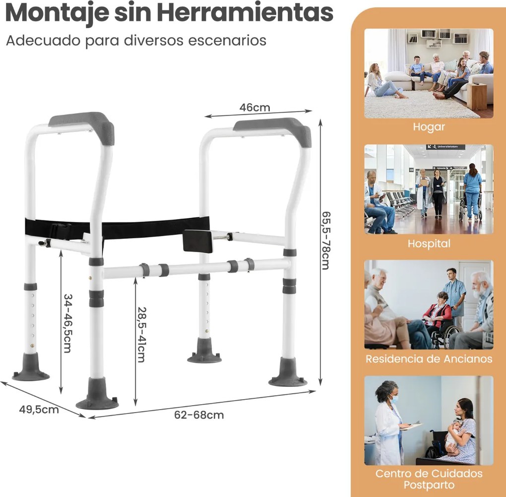 Apoio para braços Sanita para idosos e para pessoas com deficiência com altura e largura ajustáveis e correia fixa cinzento