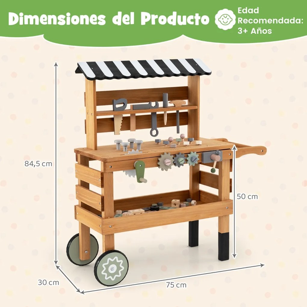 Bancada de ferramentas 2 em 1 de madeira para crianças 75 x 30 x 84,5 cm com acessórios realistas, para maiores de 3 anos Madeira